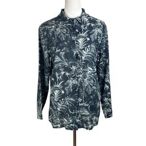 Saiph Lab Linen Blend Black & Cream Tropical Print Long Sleeve Button Up Shirt